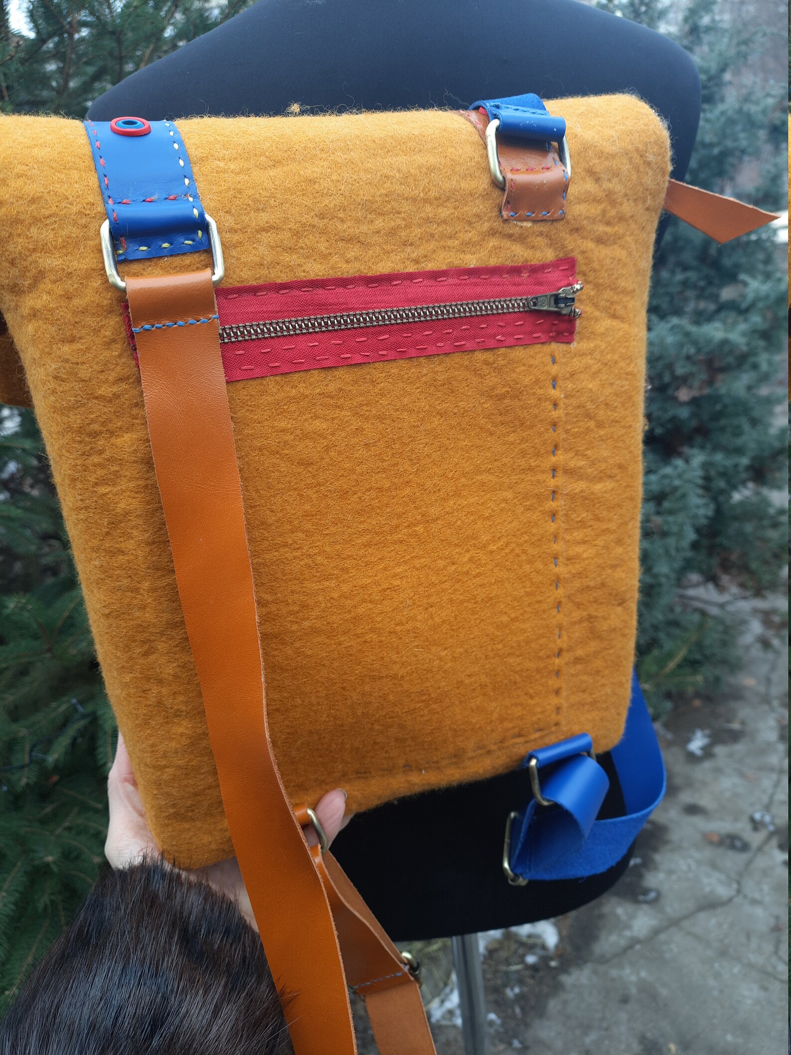 Stylish Mustardcolored Wool Backpack With Leather Elements Etsy