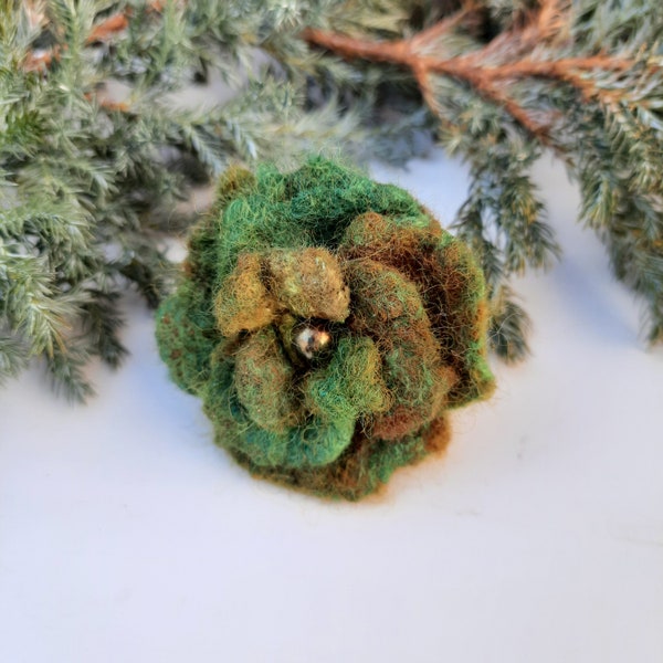 Felted ring in the form of a flower made of green-broun wool