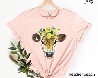 Cow Graphic Tee, Heifer with Flowers, Country Farm Shirt