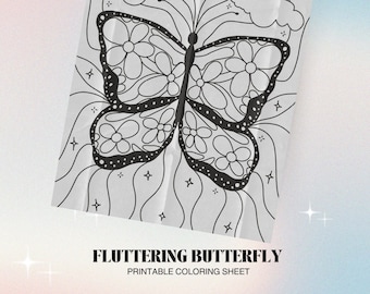 Butterfly Coloring Page, Printable Floral Butterfly Art (PDF/JPG)
