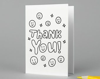 Printable Smiley Thank You Coloring Card - Greeting Card, DIY, Color-at-Home, Kids & Adults