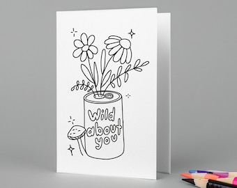 Printable Wildflowers Love Coloring Card - Greeting Card, DIY, Color-at-Home, Kids & Adults
