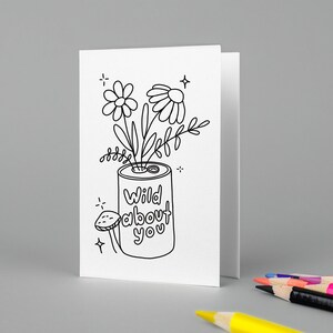 Cartão para colorir de amor de flores silvestres para impressão - cartão de felicitações, faça você mesmo, cores em casa, crianças e adultos