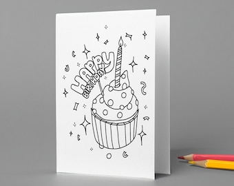 Printable Cupcake Happy Birthday Coloring Card - Greeting Card, DIY, Color-at-Home, Kids & Adults