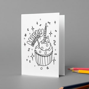 Wydrukuj Cupcake Happy Birthday Coloring Card - Kartka okolicznościowa, DIY, Koloruj w domu, Dzieci i dorośli