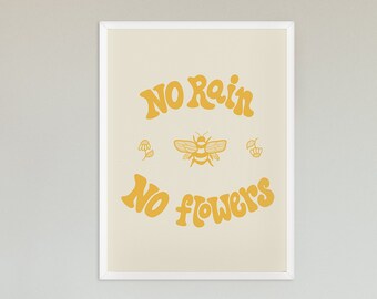 No Rain No Flowers Art Print – Retro Hand Lettered Quote (Digital Download)