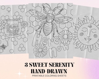 Honey Bee Coloring Pages | Hand-Drawn Adult Coloring Prints PDF