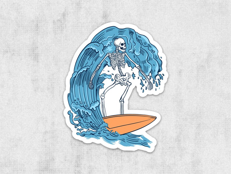 Surf Skeleton Clear Vinyl Sticker Decal Surf Sticker holding Shaka for Hydroflask or Car Sticker Boyfriend Gift Surfer Gift Car Decal Skeleton Barrel