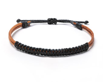 Handmade Genuine Leather & Wax Thread Surfer Bracelet - Adjustable Wristband - Real Leather Rope Cord - Men's Wrap Bracelet - Beach Jewelry
