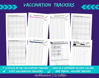 Imprimables de suivi des vaccinations | Liste de contrôle des vaccins | Carnet de vaccination des enfants | Registre des vaccins pour animaux de compagnie | Vaccins de voyage | Téléchargement instantané