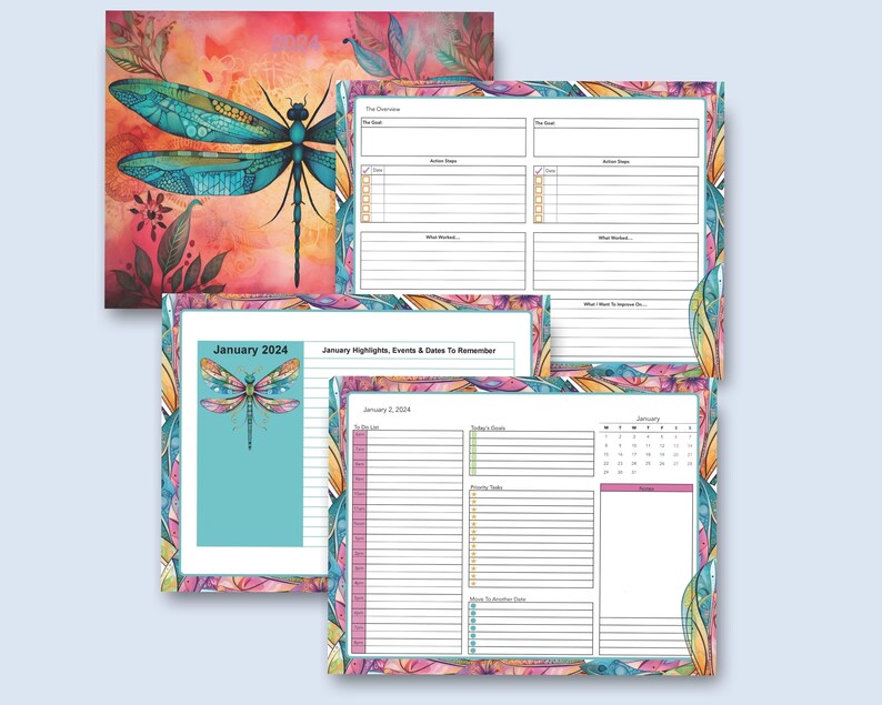 2024 Dragonfly Goal Tracker Printable Planner Monthly Calendar Vision Board Goal Tracker To-Do Lists Instant Download LTRPrintables image 4