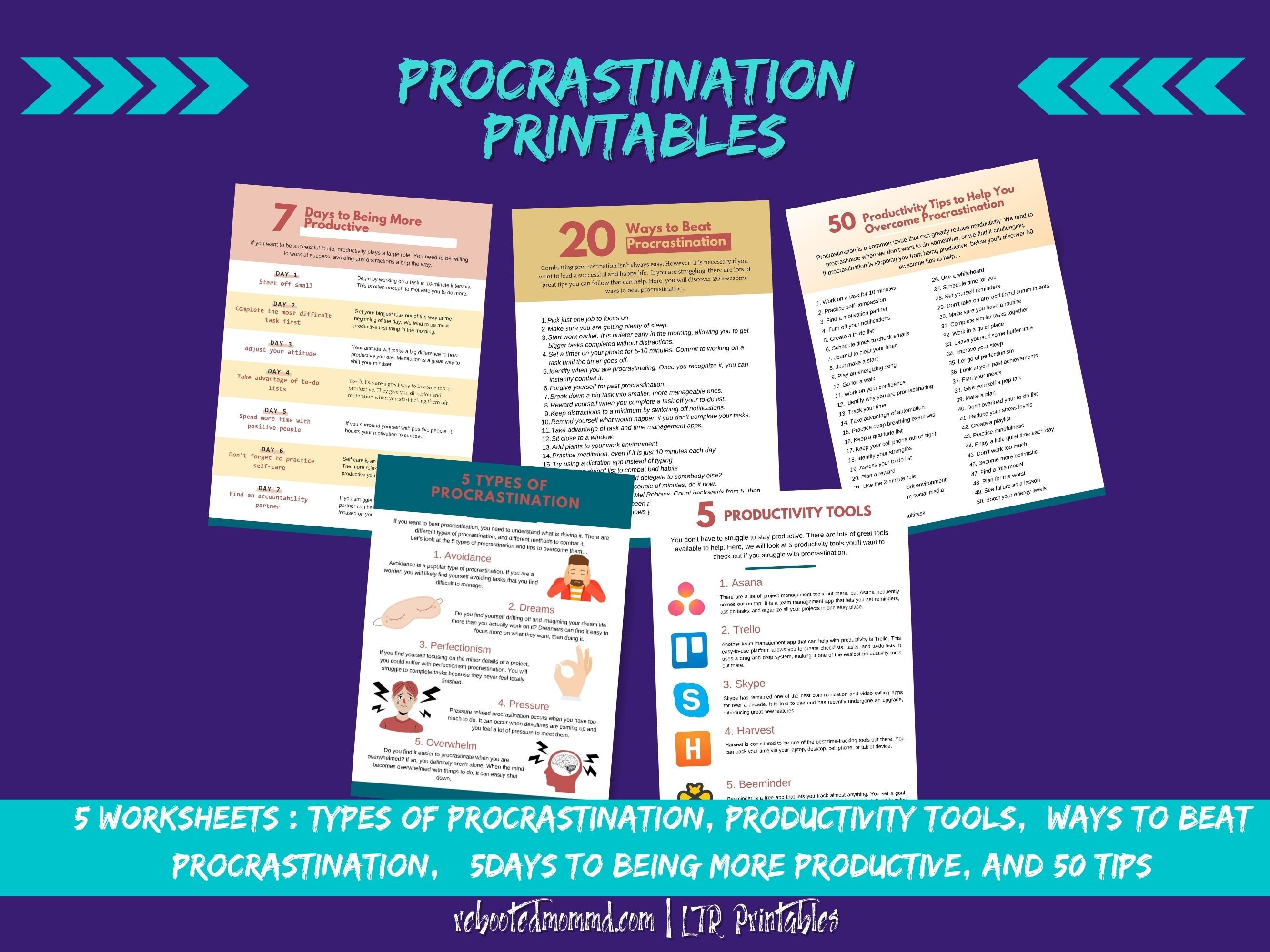 Procrastination Worksheet Printables | Productivity Tips and Tools | Beating Procrastination Worksheet| Immediate Download | Digital