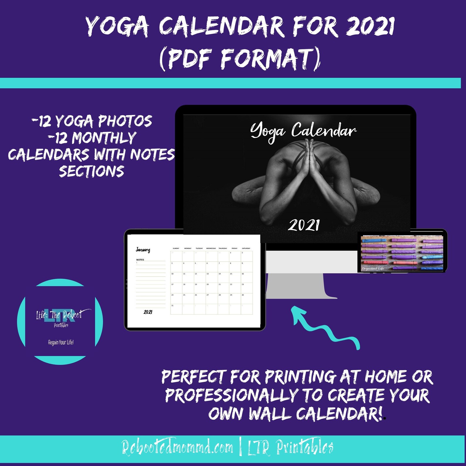 2021 Printable Yoga Calendar Horizonal Etsy