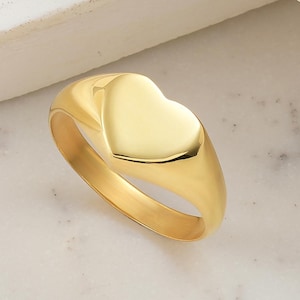 14K Solid Gold Heart Signet Ring, 925 Sterling Silver Heart Signet Ring, Personalization Ring, Mother&#39;s Day Gift, Valentine&#39;s Day Gift
