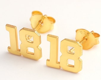 14K Gold Custom Stud Earrings , Custom Birthday Date Stud Earrings, Custom Number Earrings, Birthday Gifts For Her,Football Number Earring