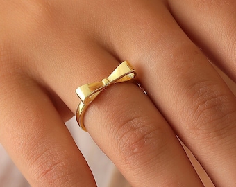 Gold Ribbon Bow Ring, 14K Gold Minimalist Bow Ring Graduation