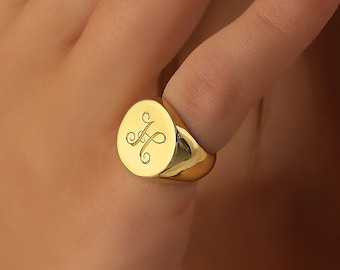 Anillo de sello con inicial en oro de 14 quilates, anillo de sello personalizado de oro inglés antiguo, regalo para mujer, regalo para dama de honor, regalo para ella, plata y oro rosa