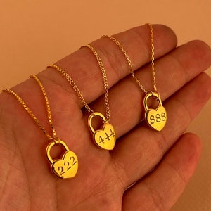 14k Gold Angel number Heart Necklace, Lucky Number Necklace, 925 Silver Number Heart necklace, number heart necklace, heart lock pendant