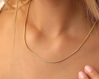 May include: A gold chain necklace with a delicate, snake-like design. The necklace is worn by a person with fair skin and blonde hair.