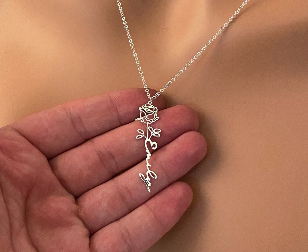 Name Necklace with Birth Flower, 18K Gold, Rose, 925K sterling Silver, Personalized Gift, Mother Gift, Gold Name Necklace, Gift for Her, HER