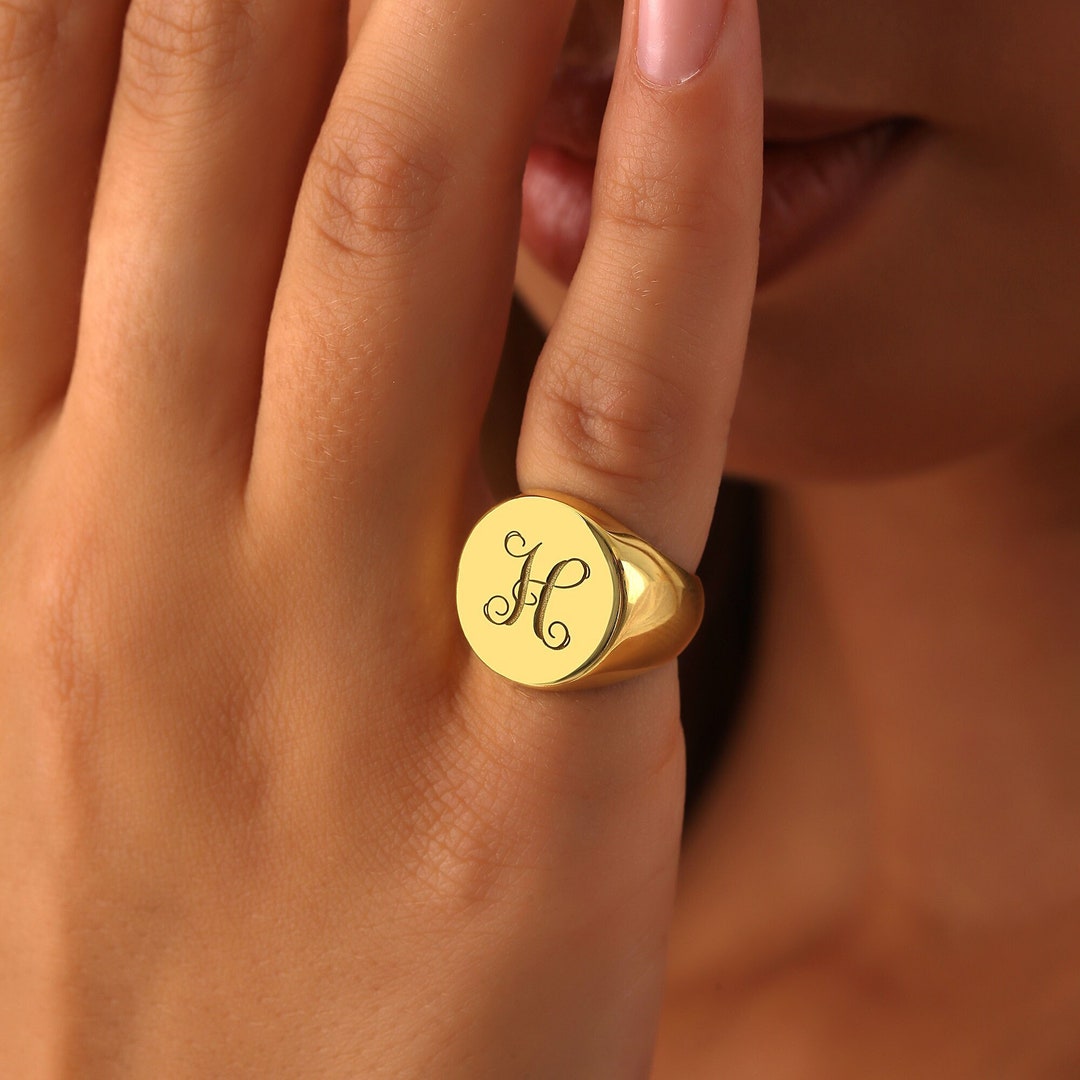 14k Gold Initial Signet Ring,personalized Monogram Ring,engraved Signet ...