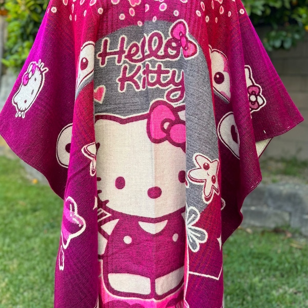 Alpaca Wool poncho, unisex One size very soft and warm exclusive design (hello kitty)