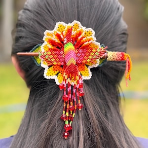 Handmade Beaded hummingbird hair barrette with wooden stick.Huichol art, Mexican hair accessory.