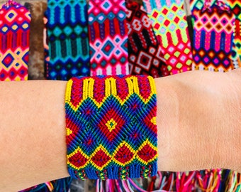 Hand woven wide cuff Mexican bracelets, friendship inspired bracelets, Bright colors unisex hippie cuffs bracelets.