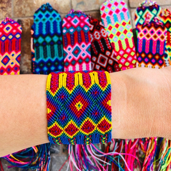 Hand woven wide cuff Mexican bracelets, friendship inspired bracelets, Bright colors unisex hippie cuffs bracelets.