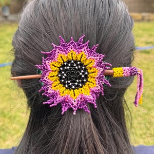 Handmade Beaded floral hair clips with wooden stick.Huichol art, Mexican hair accessory.