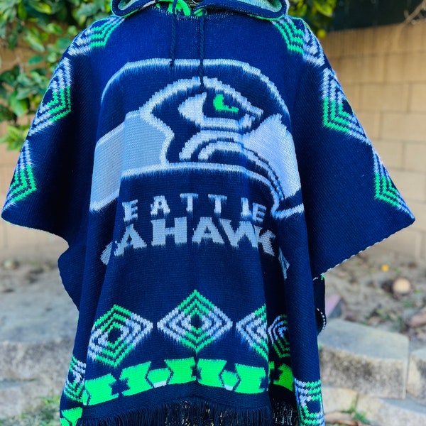 Seattle Seahawks Poncho handcrafted alpaca wool very thick material adjustable hoodie strings