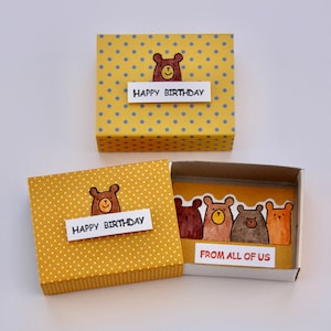 Geschenkbox Geburtstag Bär Deko gelb Streichholzschachtel happy birthday Glück klein box Gutschein Mann Frau Kind Verpackung Geld Spruch