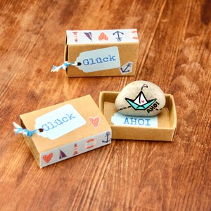 Matchbox with painted stone, little ship, good luck ahoy - maritime decoration, turquoise blue - lucky charm, saying, exam, surgery, travel, New Year