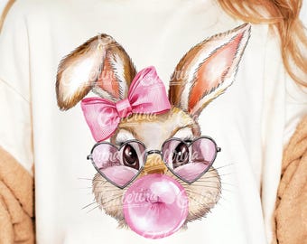 Vintage Easter Bunny with Bow Blowing Bubble PNG – Cute Girls Sublimation Digital Download of Funny Rabbit with Sunglasses