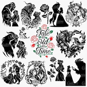 Paquete SVG de La Bella y la Bestia: Bella, Rosa encantada, Clipart de cuento de hadas para Cricut, Silhouette, Glowforge, Sublimación