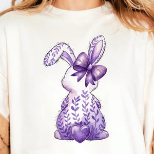 Lavender Floral Bunny PNG, Purple Easter Rabbit Clipart, Spring Sublimation Design, Boho Bunny with Bow, Digital Download