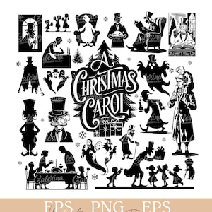 Lot de chants de Noël SVG : 20 modèles vintage Charles Dickens, silhouettes Scrooge, Noël livresques vacances pochoirs pour Cricut et sublimation