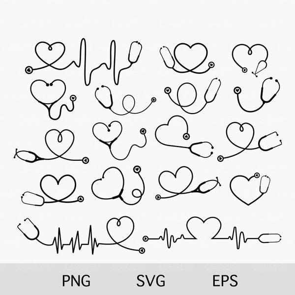 Stethoscope Svg, Bundle Heart Stethoscope Svg, Heartbeat Stethoscope Svg, Nurse Life Svg, Medical Svg, Cut File Silhouette, 17 Designs