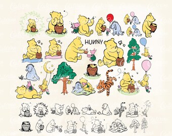 Winnie de Poeh SVG PNG megabundel van 40 Pooh babyshower klassieke Pooh clipart taart topper Cricut silhouet Glowforge gesneden bestand sublimatie