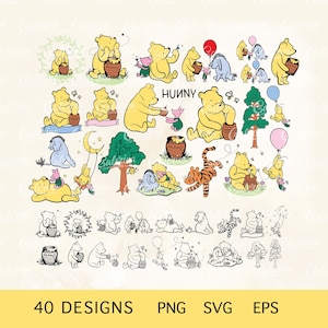 Winnie The Pooh SVG PNG Mega Bundle of 40 Pooh Baby Shower Classic Pooh Clipart Cake Topper Cricut Silhouette Glowforge Cut File Sublimation