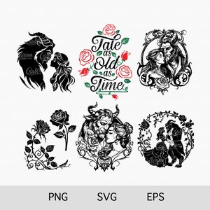 La bella e la bestia in formato SVG PNG Belle in formato SVG Libro in formato SVG Fiaba in formato SVG Rosa incantata Clipart Cricut Silhouette Glowforge File da taglio Sublimazione