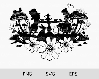 May include: Black and white silhouette illustration of Alice in Wonderland having tea with the Mad Hatter and the March Hare. The scene includes a teapot, teacups, mushrooms, and flowers.