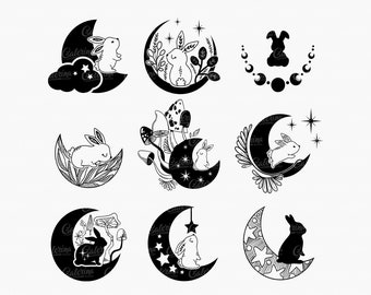 Magische Mondphase Kaninchen SVG, mystisches Kaninchen Design, himmlische Form, Pilz Design, Mondhase geschnitten Datei, PNG, EPS, SVG