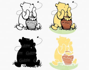 Winnie l'ourson SVG, PNG, baby shower, ourson classique, décoration de gâteau, décoration de chambre d'enfant, fichier de découpe Cricut Silhouette Glowforge, sublimation