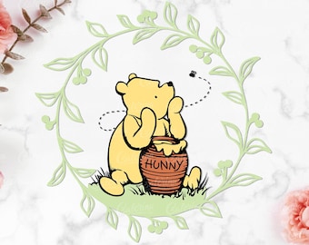Winnie de Poeh in krans SVG PNG Pooh babyshower klassieke Pooh taart topper Cricut silhouet Glowforge snijden bestand sublimatie