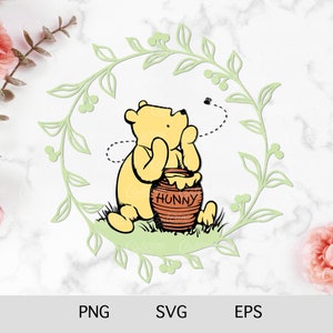 Winnie The Pooh in Wreath SVG PNG Pooh Baby Shower Classic Pooh Cake Topper Cricut Silhouette Glowforge Cutting File Sublimation