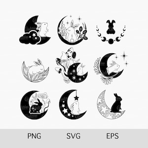 以下が含まれることがあります： 三日月の上に様々なポーズをとったウサギを描いた、白黒のデジタルイラスト9点セット。キノコ、星、花を持ったウサギのイラストが含まれています。