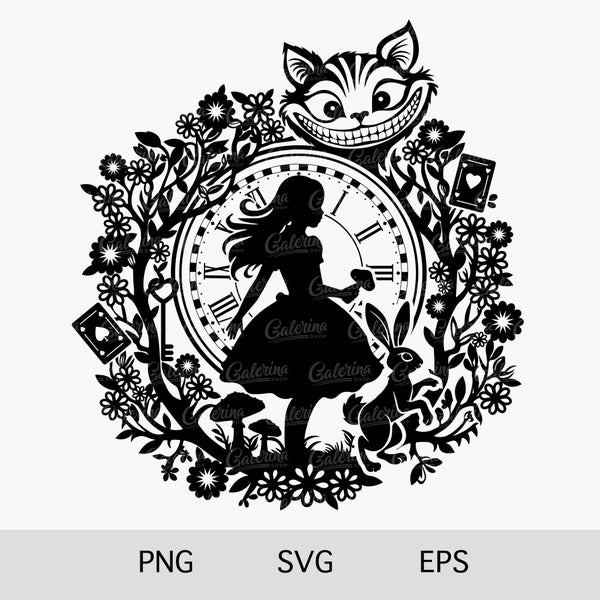 Alice in Wonderland Svg, Png, Clock Svg, Fairy Tale Svg, Clipart, Book Svg, Cricut, Silhouette, Glowforge, Cutting File, Sublimation