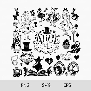 Alice nel paese delle meraviglie in formato SVG, Clipart, Pacchetto di oltre 25 file Cricut, Silhouette Cutting, Alice in formato SVG, Libro in formato SVG, Fiaba in formato SVG, Tea Party in formato SVG