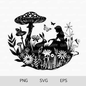 Alicja w Krainie Czarów Svg Grzyb Svg Clipart Książka Svg Bajka Svg Królik Svg Cricut Sylwetka Glowforge Plik do cięcia Sublimacja